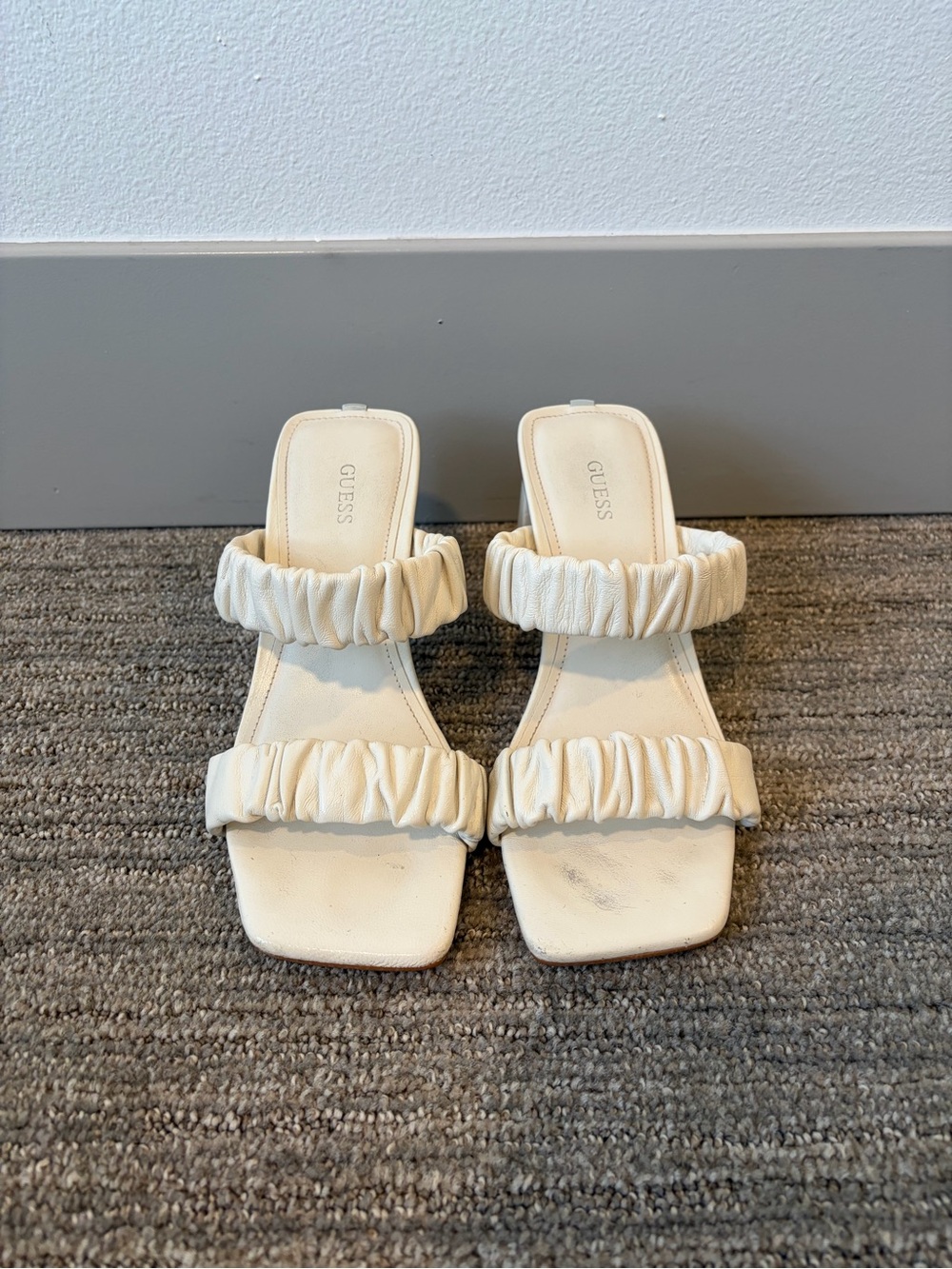 GUESS White Ruched Block Heel Sandals Size 7